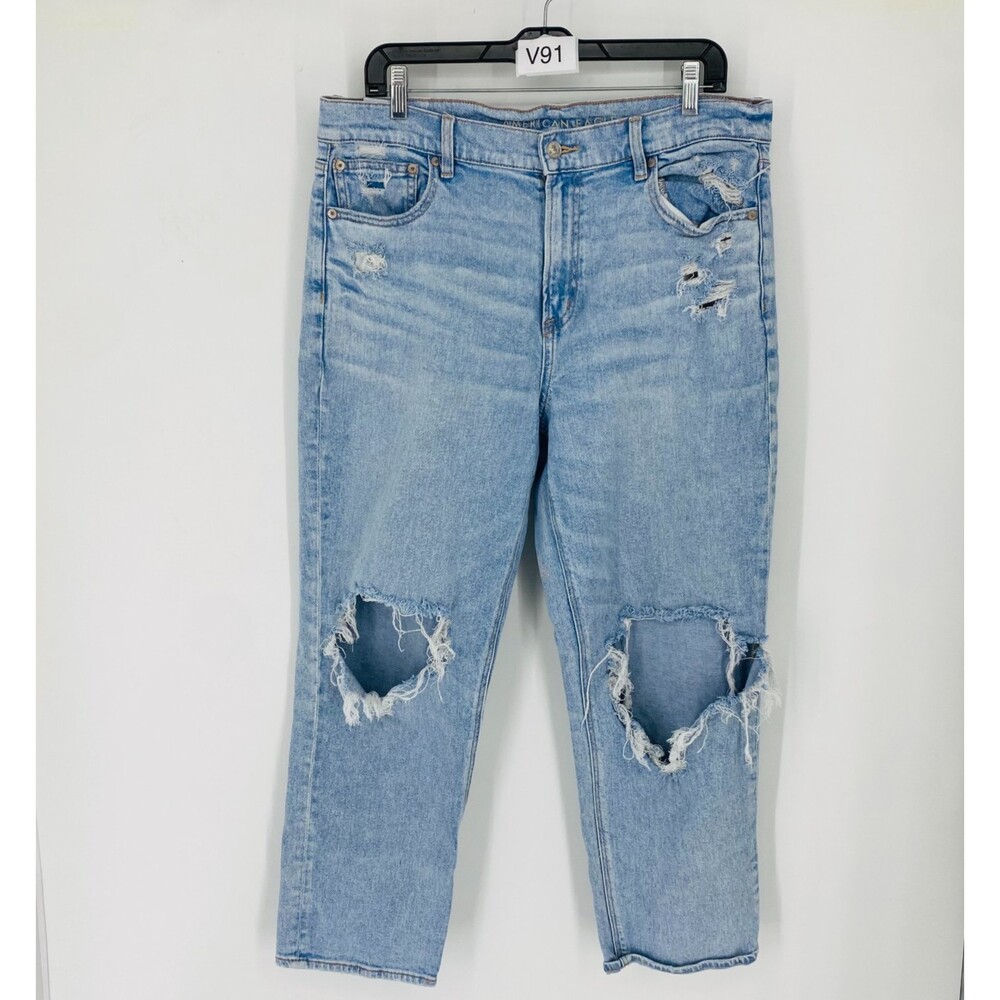 American Eagle Super High-Rise Ankle Straight Light Wash Distressed Jeans Sz 14
